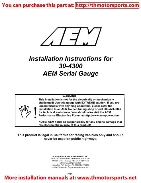 Installation Instructions for 30-4300 AEM Serial Gauge