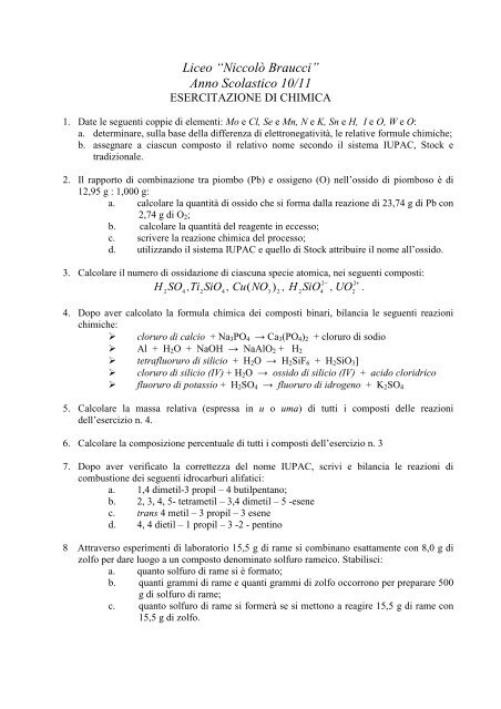 esercitazione primo compito di chimica 4A e 4B - Liceocaivano.gov.it
