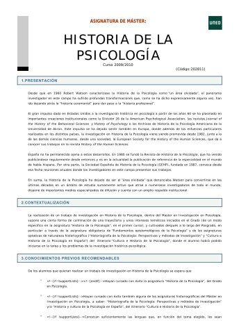 HISTORIA DE LA PSICOLOGÃA - Inicio - Uned