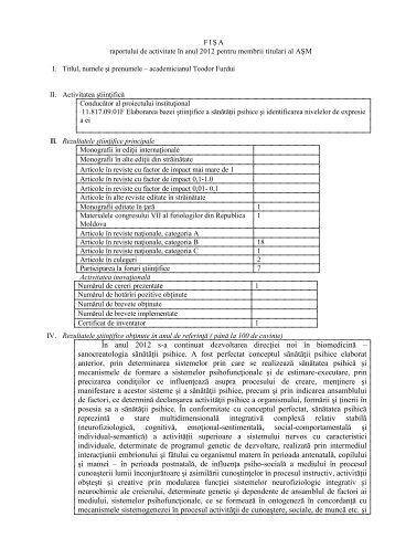 Raportul de activitate al acad. T.Furdui pentru anul 2012