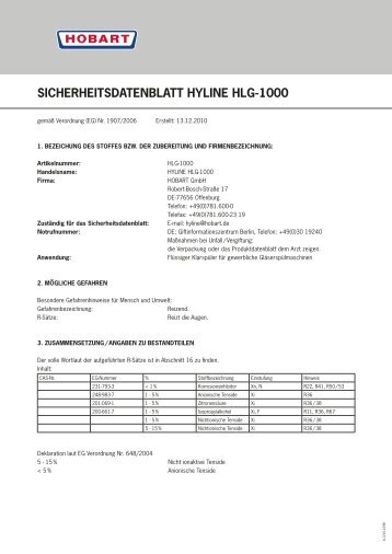 SICHERHEITSDATENBLATT HYLINE HLG-1000 - HOBART GmbH