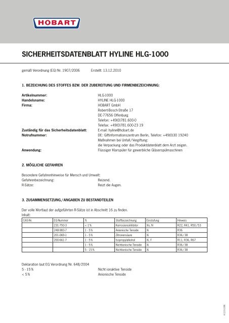 SICHERHEITSDATENBLATT HYLINE HLG-1000 - HOBART GmbH