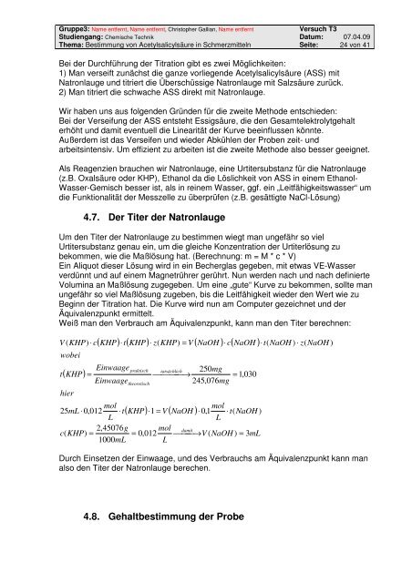 3.2. Potentiometrische Bestimmung von Acetylsalicylsäure