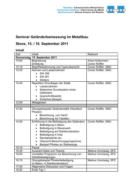 Seminar GelÃ¤nderbemessung im Metallbau Stoos, 15. / 16 ...