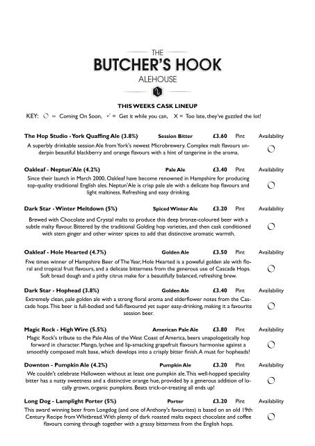 The Butcher S Hook Alehouse Drinks Menu