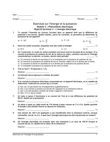 Exercices sur l'Ã©nergie et la puissance