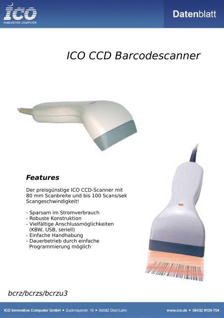 ICO CCD Barcodescanner Features