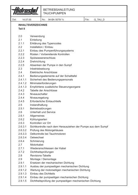 BETRIEBSANLEITUNG TAUCHPUMPEN