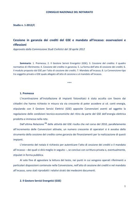 Cessione in garanzia dei crediti del GSE e mandato all'incasso ...