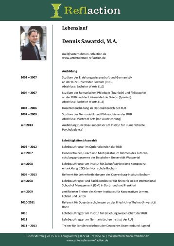 Lebenslauf Dennis Sawatzki, MA - Unternehmen Reflaction