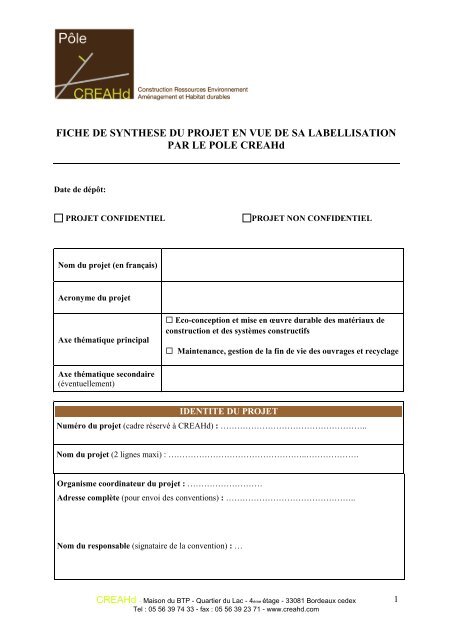 Fiche synthÃ¨se de dÃ©pÃ´t de projet creahd 2010 - Aquieco