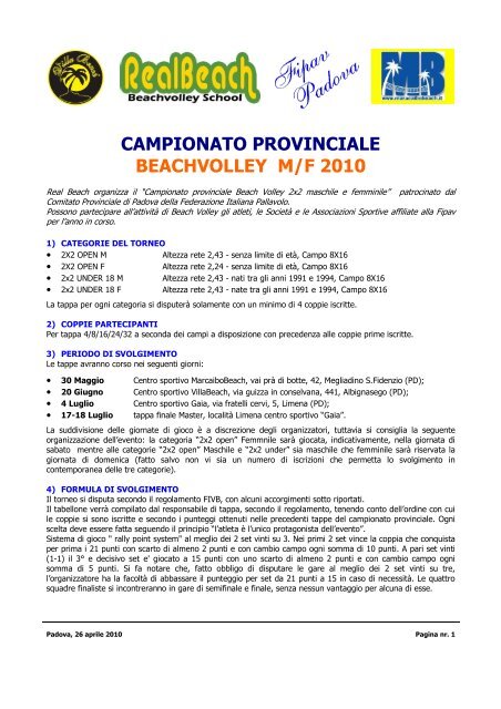CAMPIONATO PROVINCIALE BEACHVOLLEY M/F 2010 - FIPAV