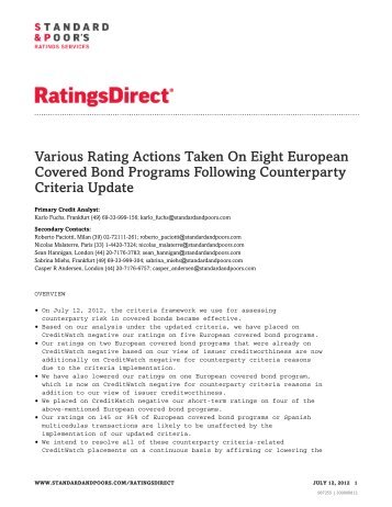 Various Rating Actions Taken On Eight European Covered Bond ...