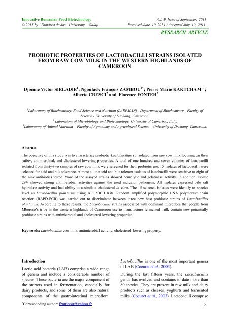 probiotic properties of lactobacilli strains isolated from ... - Bioaliment