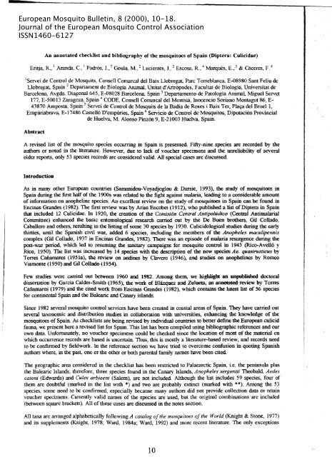 European Mosquito Bulletin, 8 (2000), 10-18. Journal of the ...