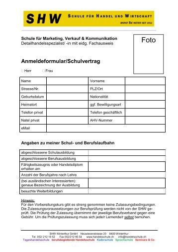 Anmeldeformular/Schulvertrag - SHW