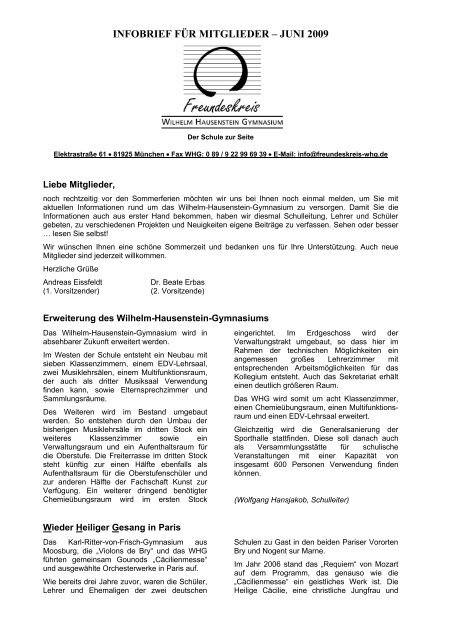 INFOBRIEF FÜR MITGLIEDER – JUNI 2009