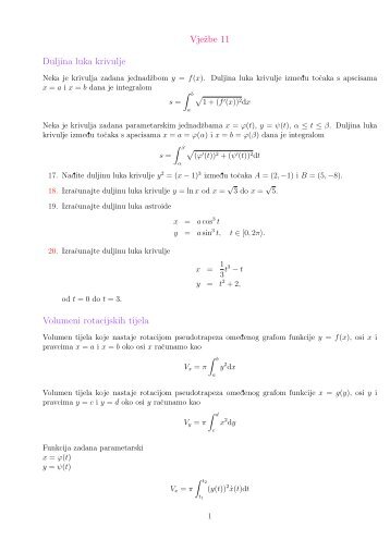 Vjezbe 11 Duljina luka krivulje Volumeni rotacijskih tijela