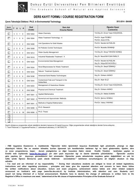 ders kayıt formu / course regıstratıon form