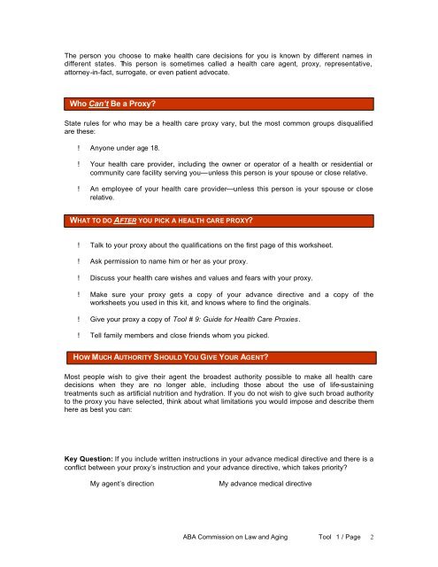 Consumer's Tool Kit for Health Care Advance Planning