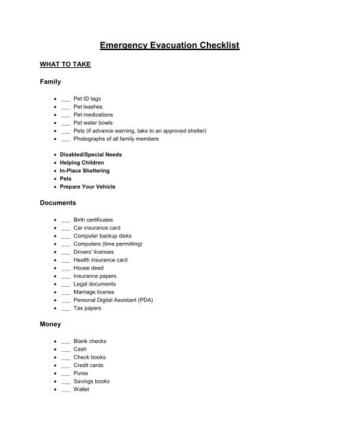 Emergency Evacuation Checklist