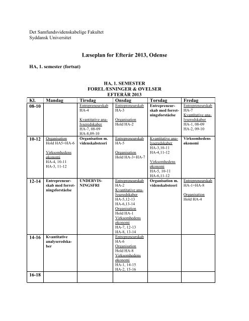 LÃ¦seplan for EfterÃ¥r 2013, Odense - Syddansk Universitet