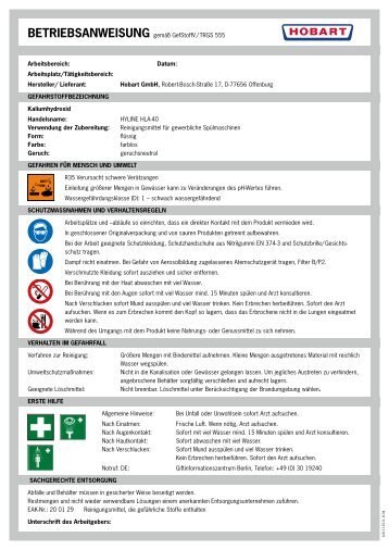 BetrieBsanweisung gemäß GefStoffV / TRGS 555 ... - HOBART GmbH