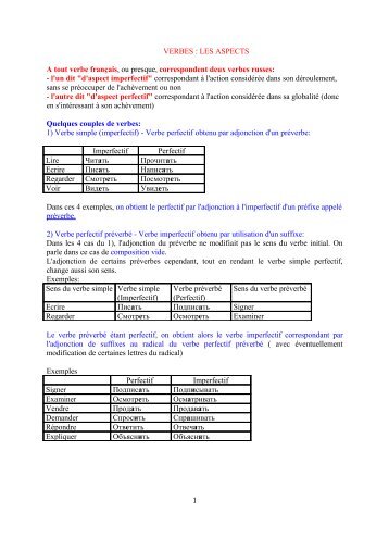 RUSSE - VERBES : LES ASPECTS - Langue russe