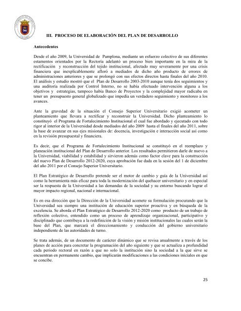 Plan de Desarrollo Institucional 2012 - 2020 - Universidad de ...