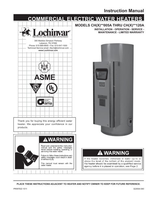 coMMercIal electrIc water heaters - Lochinvar