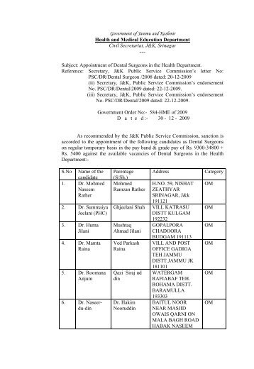 Government Order No:- 584-HME of 2009 - Department of Health , J&K