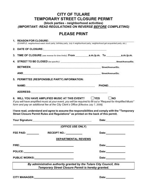 Temporary Street Closure Permit Application - City of Tulare