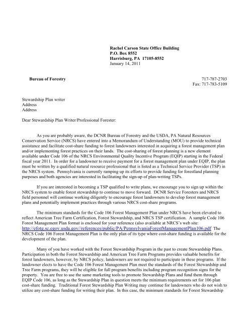 DCNR Bureau of Forestry TSP Letter - Field Office Technical Guide