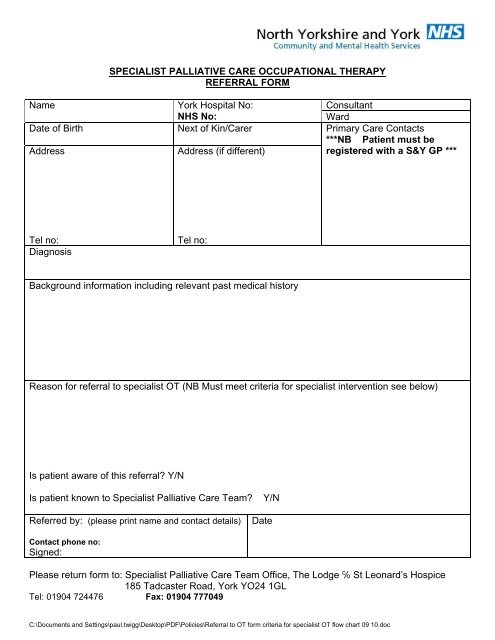 Referral form and criteria to Specialist Occupational Therapy