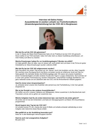 Interview mit Selina Huber, Auszubildende im zweiten ... - COC AG