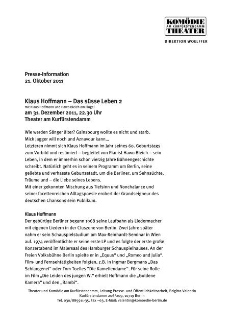 Klaus Hoffmann â Das sÃ¼sse Leben 2 - Theater und KomÃ¶die am ...