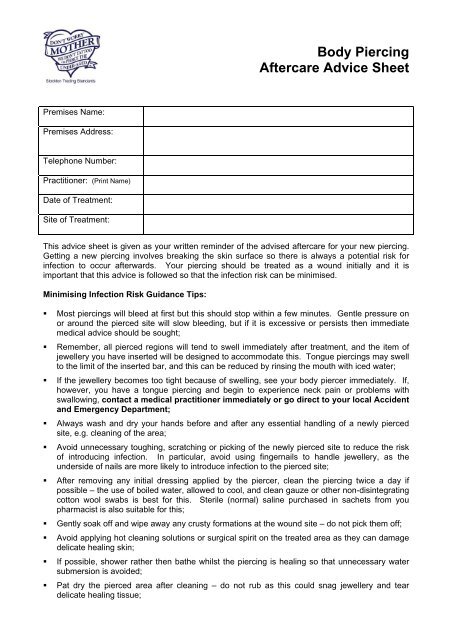 Body Piercing Aftercare Advice Sheet - Trading Standards Institute