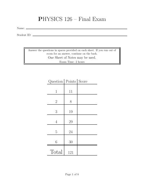 PHYSICS 126 â Final Exam Total 121