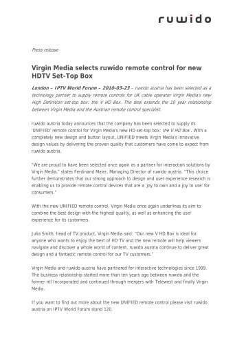 Virgin Media selects ruwido remote control for new HDTV Set-Top Box