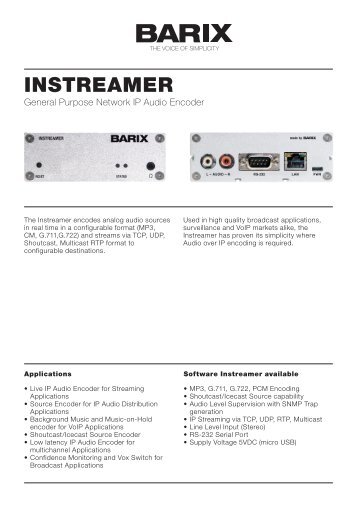 Product Sheet Instreamer V30 (PDF) - Barix