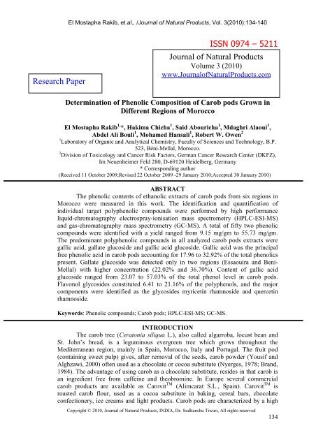 Issn 0974 A 5211 Journal Of Natural Products Research Paper