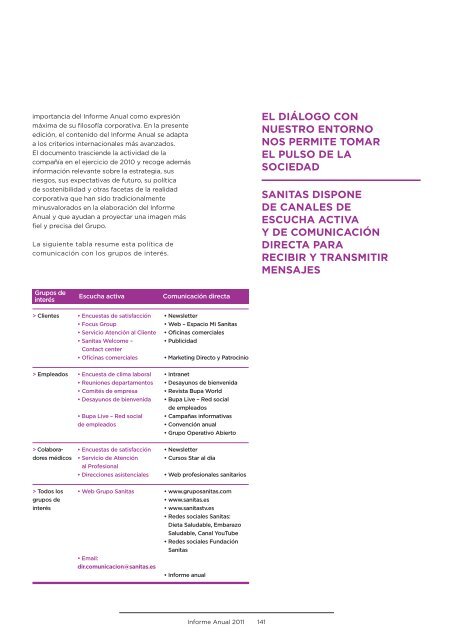 dIÃloGo Con los GruPos de InterÃs - Informe Anual 2011 - Sanitas