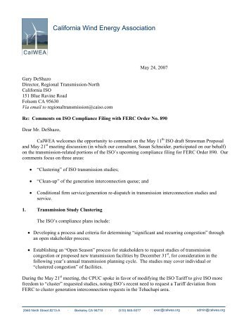 CalWEA's comments on FERC Order 890 Draft Strawman Proposal