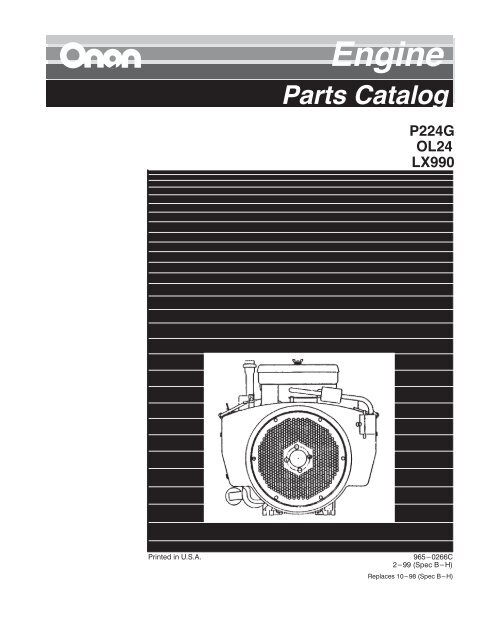 Onan Engine Parts Catalog P224g Spec B H Feb 1999