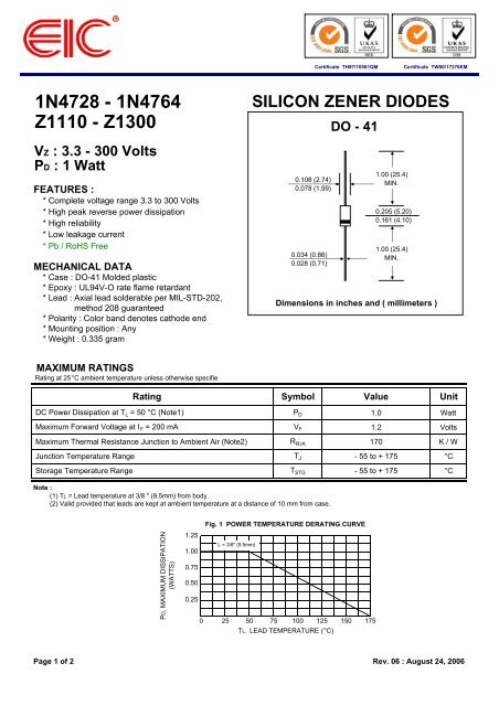 1n4728 - 1n4764 silicon zener diodes z1110 - EIC