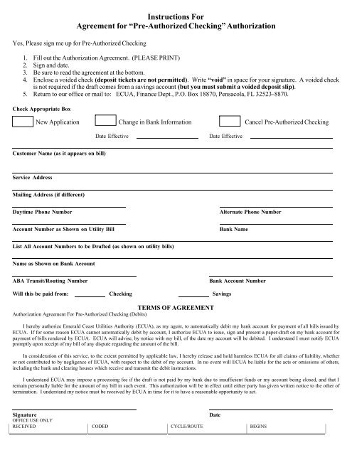 Pre-Authorized Checking Form is available in PDF format.