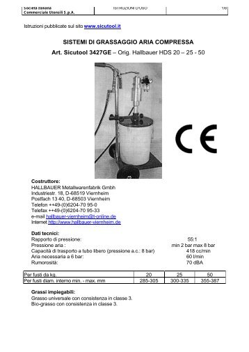 SISTEMI DI GRASSAGGIO ARIA COMPRESSA Art. Sicutool 3427GE