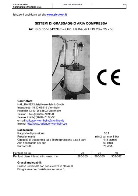 SISTEMI DI GRASSAGGIO ARIA COMPRESSA Art. Sicutool 3427GE
