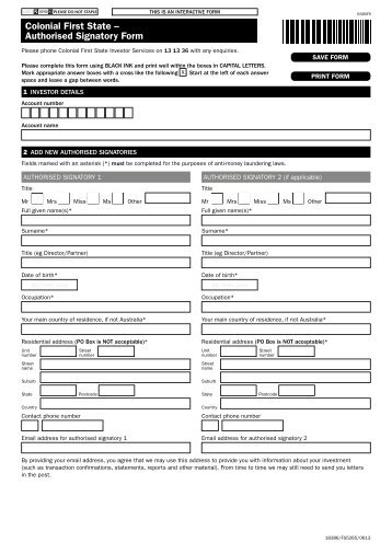 Colonial First State â Authorised Signatory Form