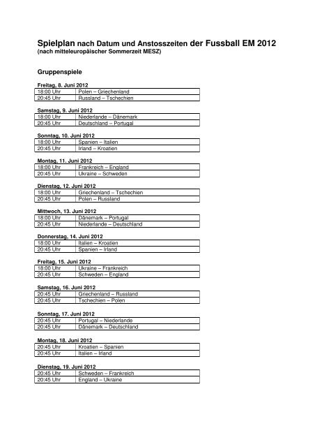 Spielplan nach Datum und Anstosszeiten der Fussball EM 2012